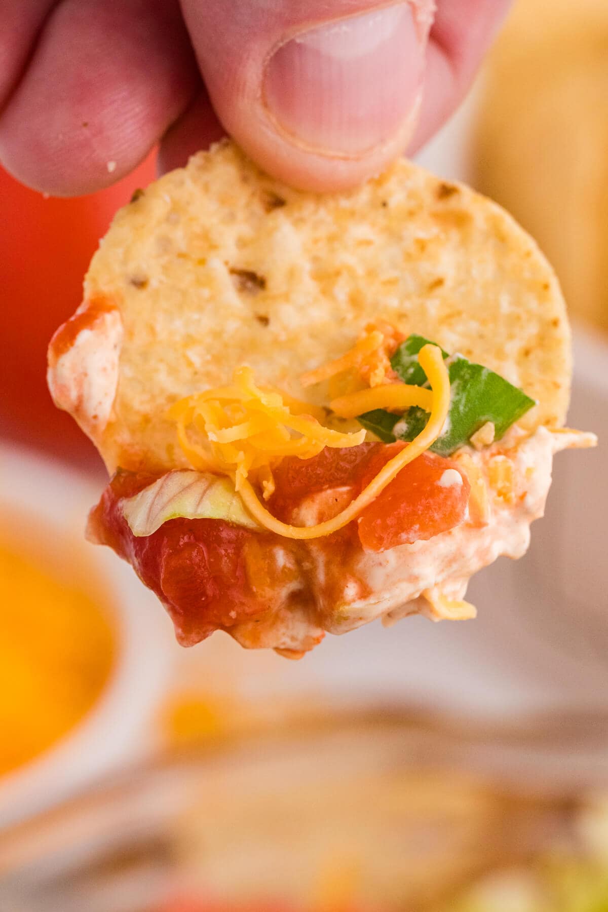 Macro shot of tortilla chip dipped in taco dip with visible layers of sour cream, salsa, shredded cheese, lettuce, and green onions, highlighting creamy texture and fresh toppings.