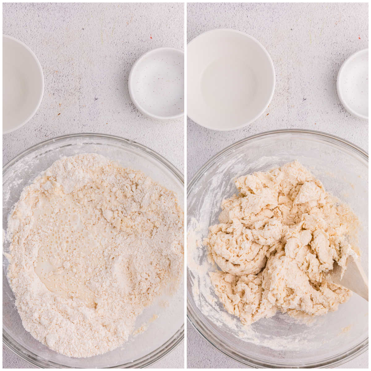 Collage of mixing ingredients in a bowl.