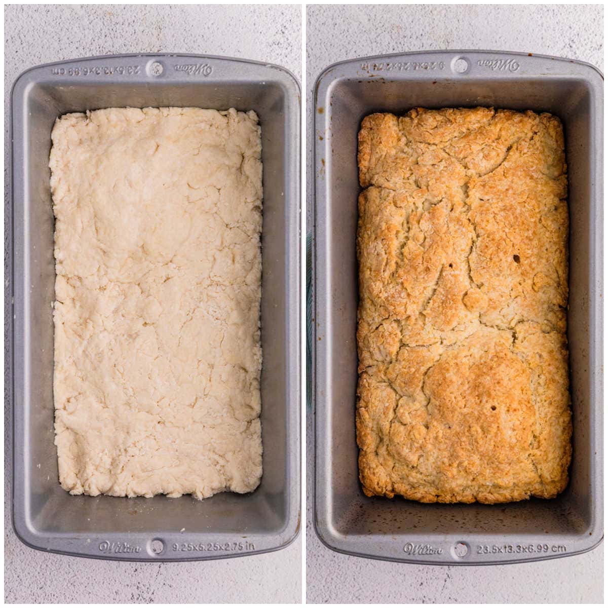 Collage of the loaf in a loaf pan.
