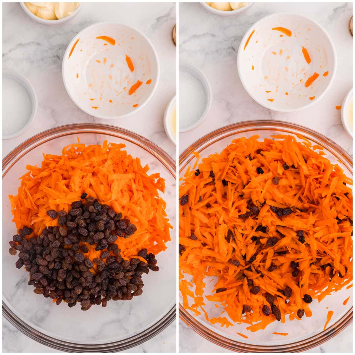 Collage of mixing ingredients in a bowl.