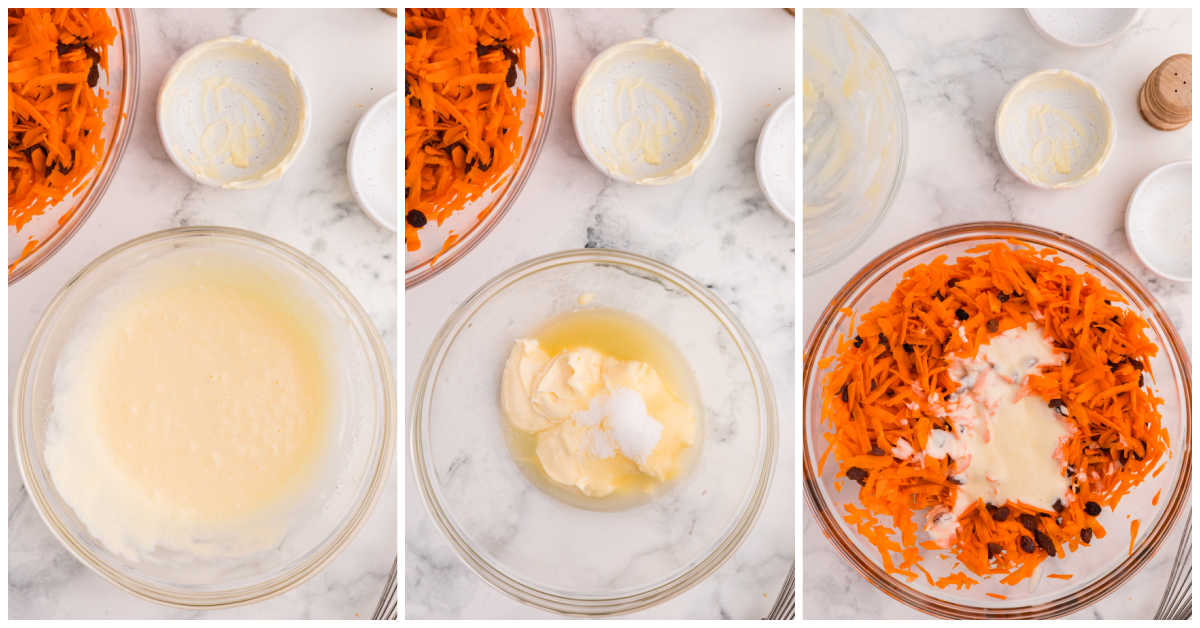 Collage of mixing ingredients in a bowl.