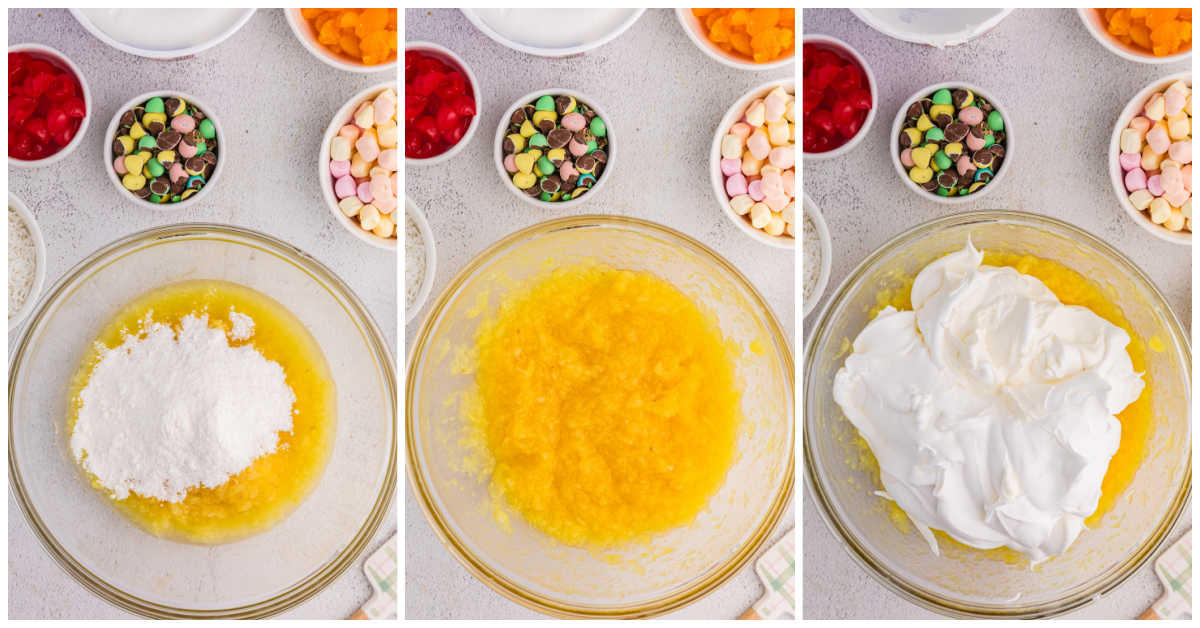 Collage of mixing ingredients in a clear bowl.