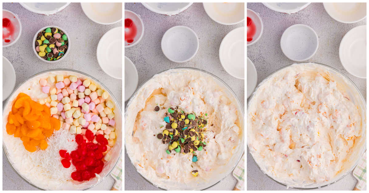 Collage of mixing ingredients in a clear bowl.