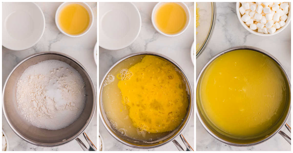 Collage of making pineapple custard in a pot.