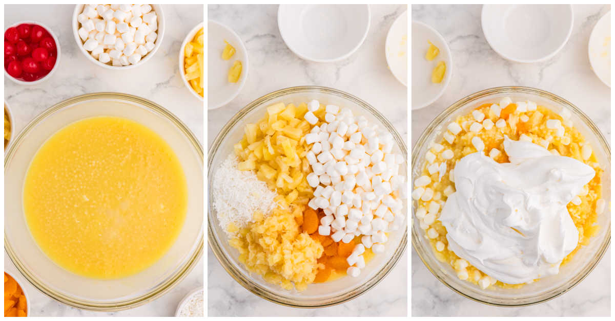 Collage of mixing ingredients in a bowl.