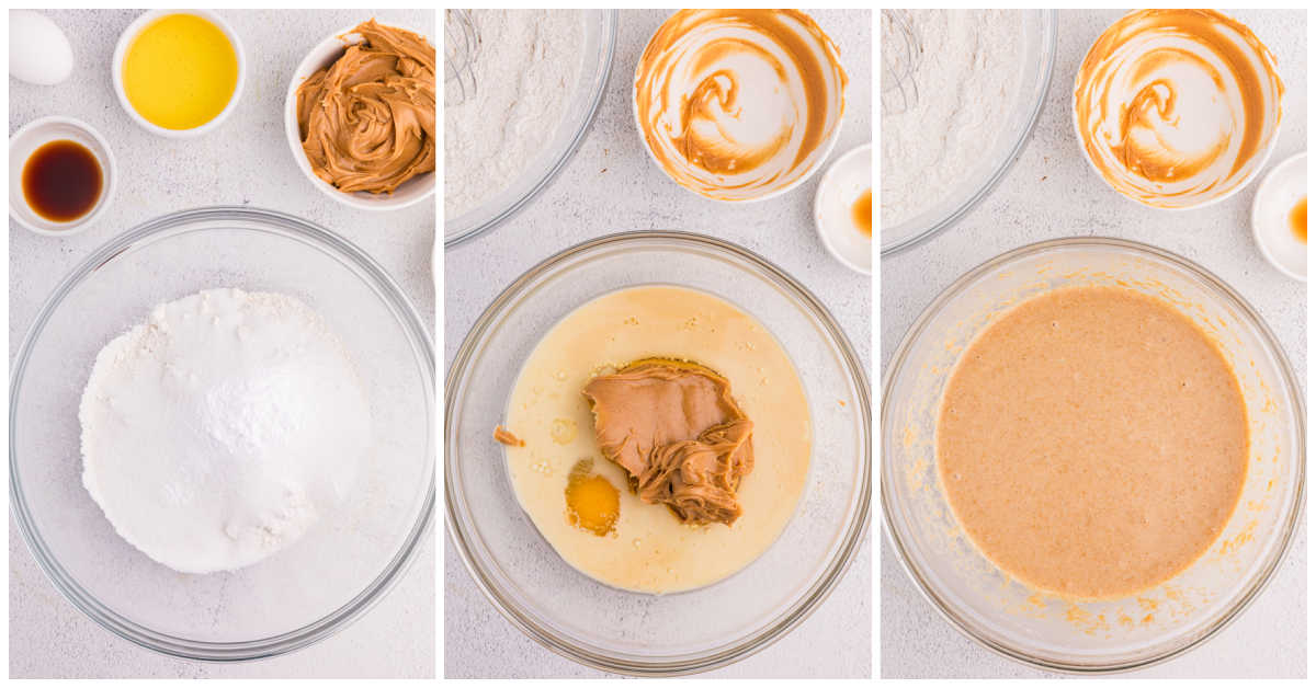 Collage of mixing ingredients in a glass bowl.
