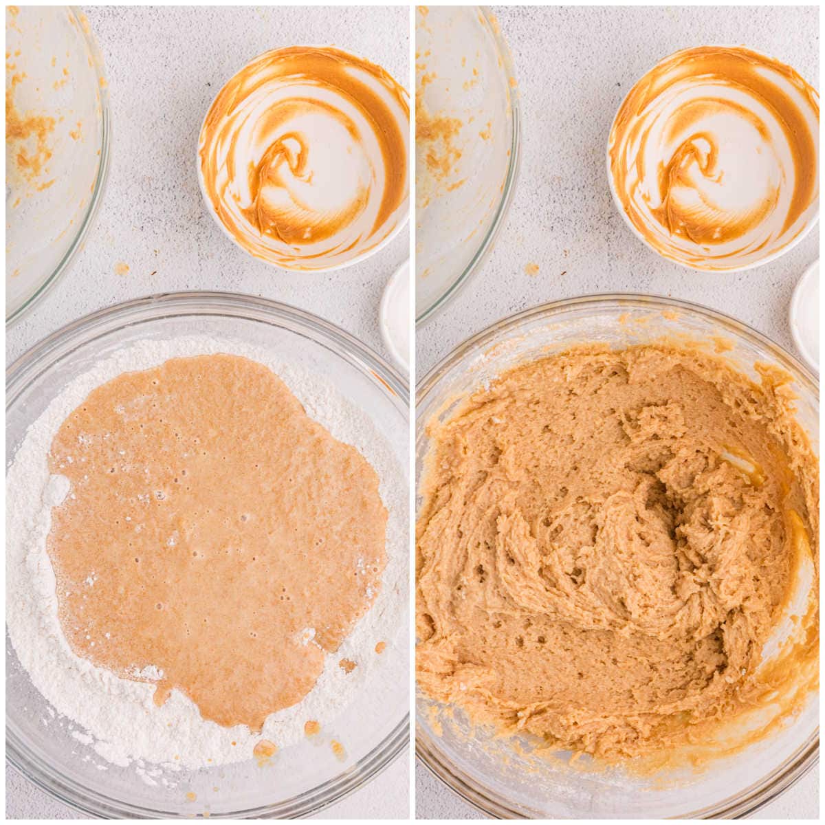 Collage of mixing ingredients in a glass bowl.