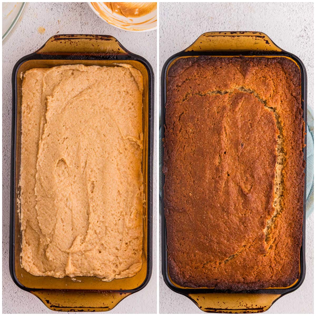 Collage of bread, unbaked and baked, in a loaf pan.