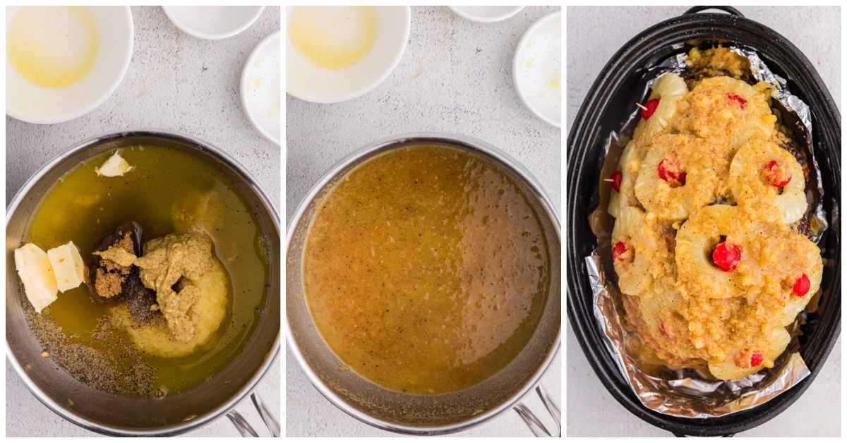 Collage of cooking the recipe and glaze.