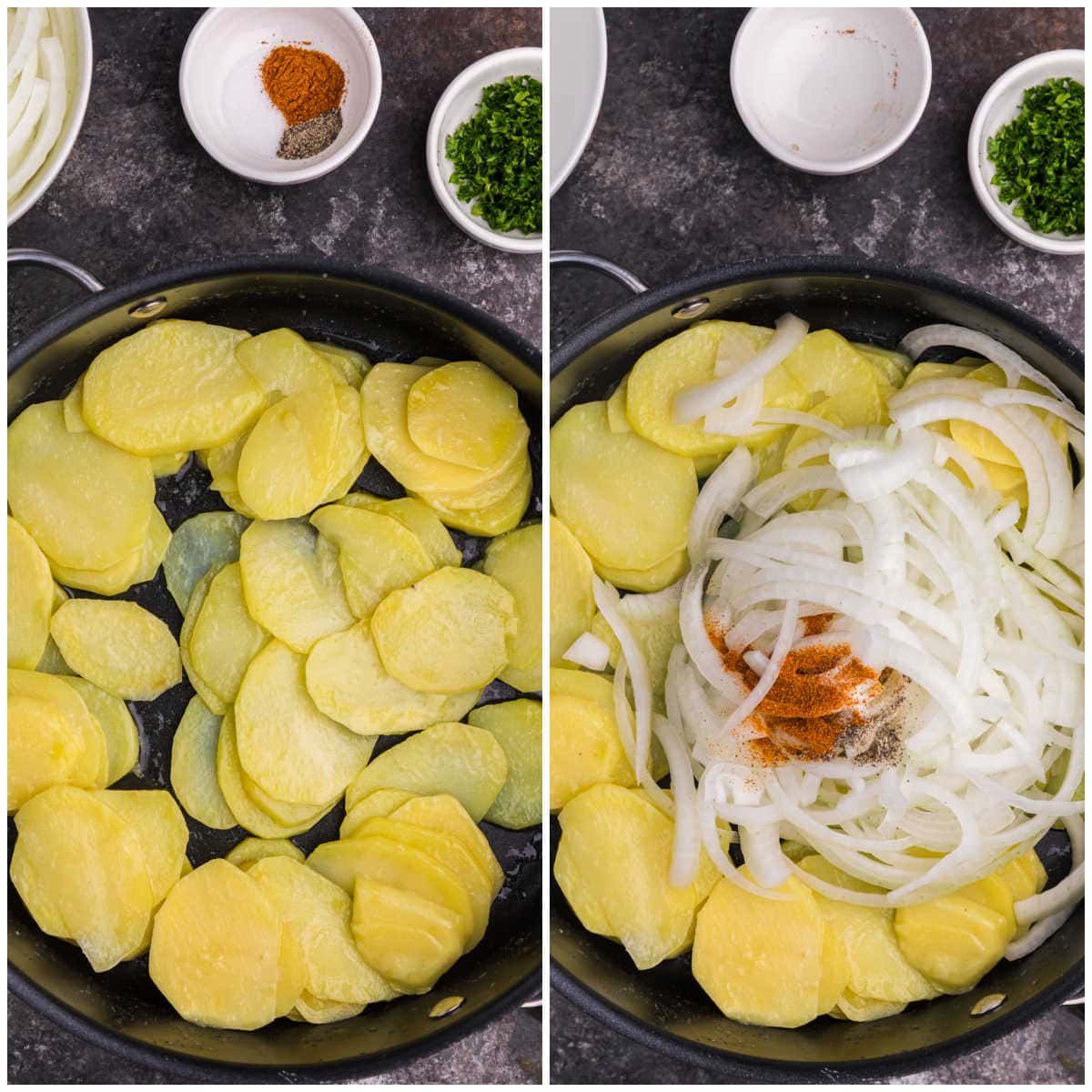 Collage of cooking the recipe in a skillet.