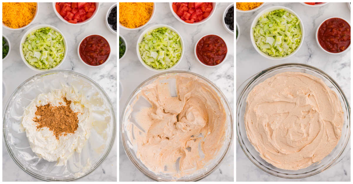 Collage of mixing ingredients in a bowl.