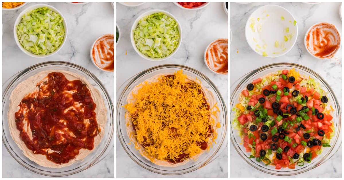 Collage of layering the toppings on the dip.