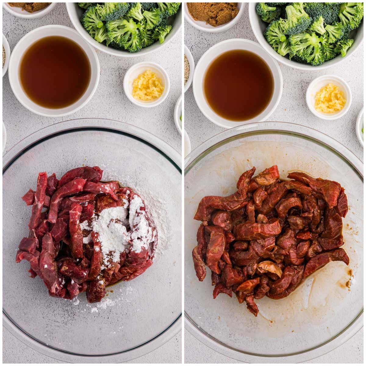 Collage of mixing the beef strips with ingredients.