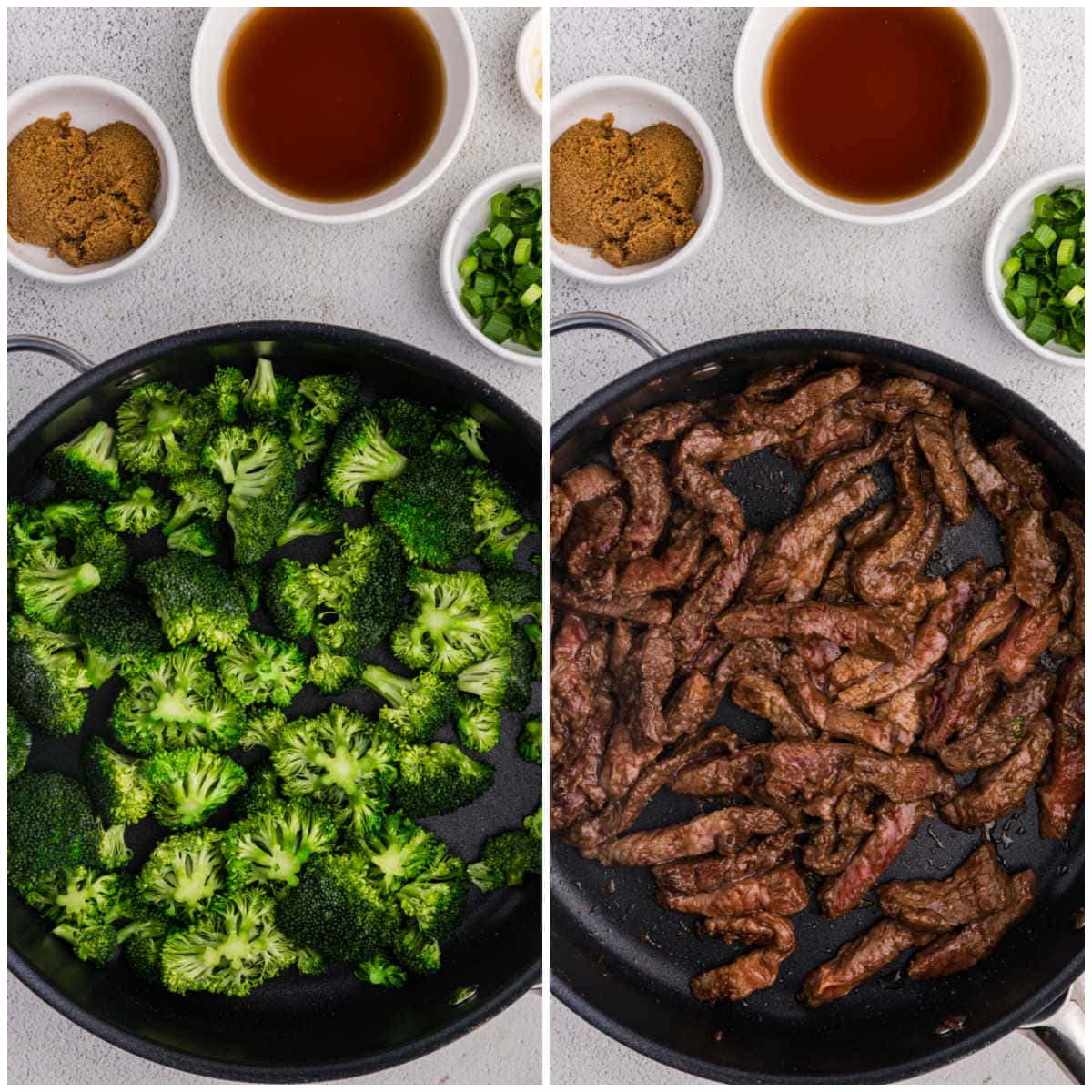 Collage of cooking ingredients in a pan.