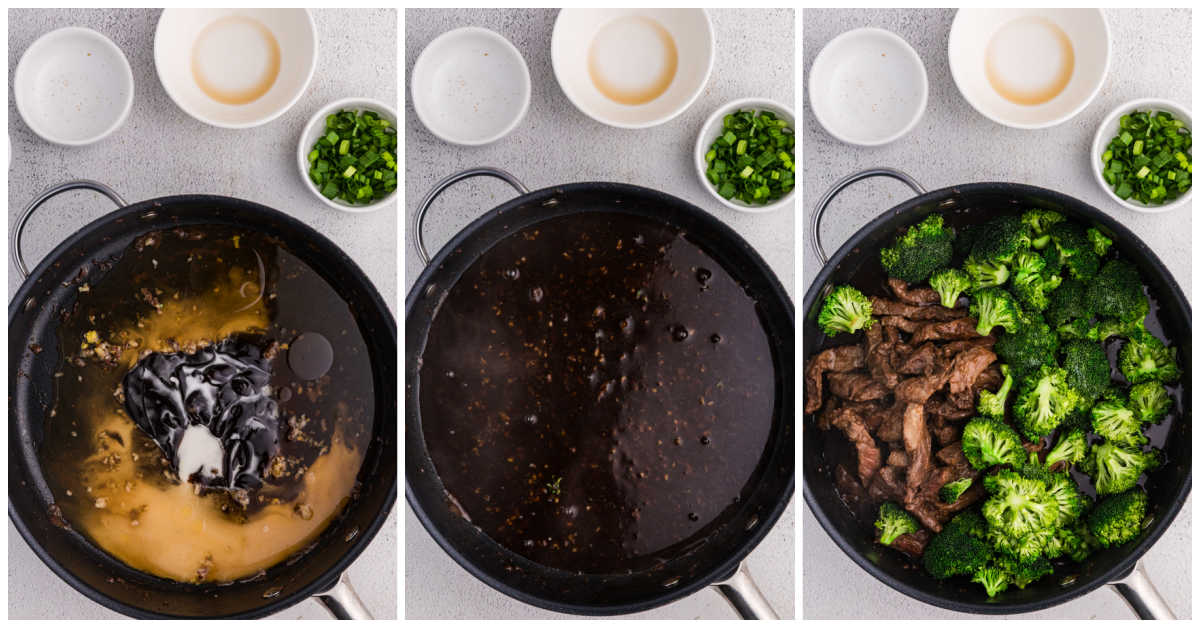Collage of making the sauce in a skillet and then adding the broccoli and steak.
