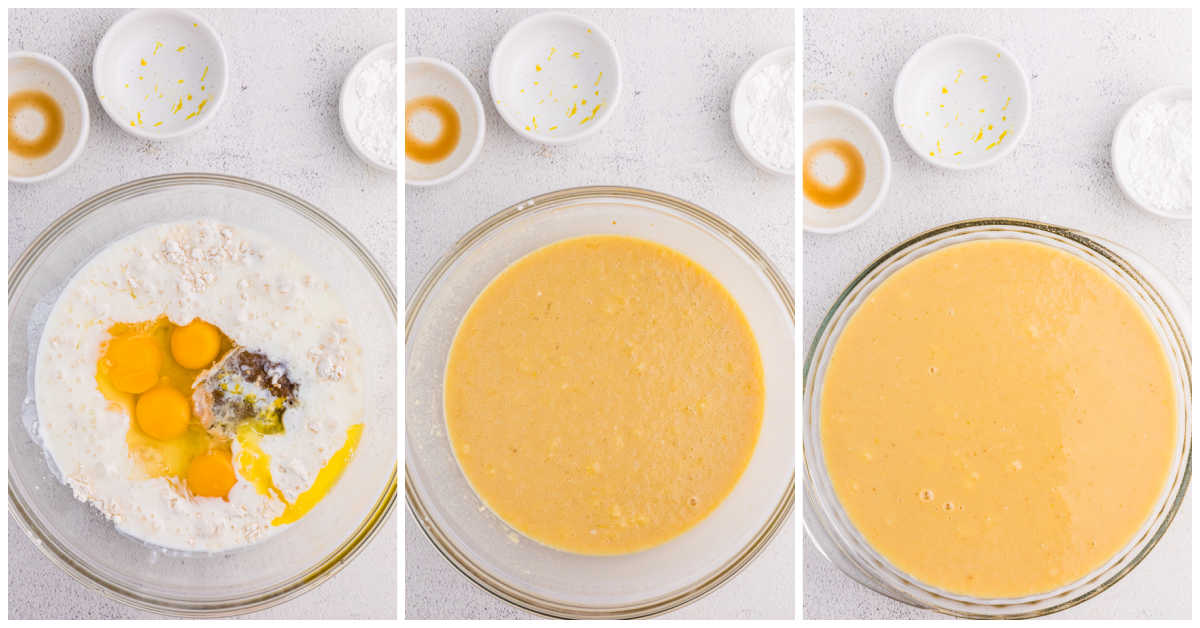 Collage of mixing ingredients in a clear bowl and adding to a pie plate.