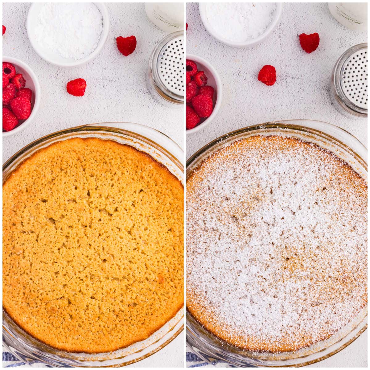 Collage of a pie, baked and then topped with powdered sugar.