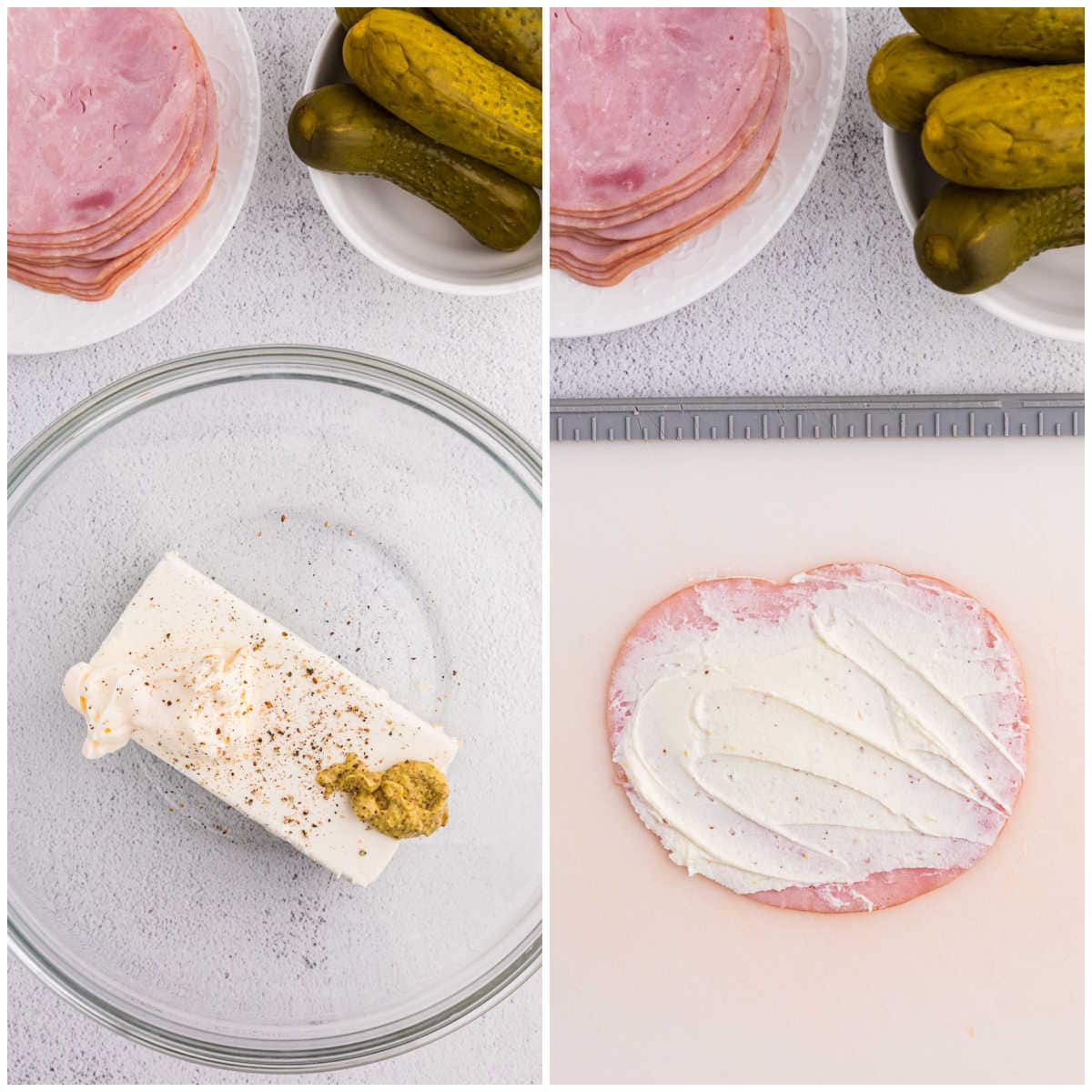 Collage of making filling in a bowl and spreading on a ham slice.