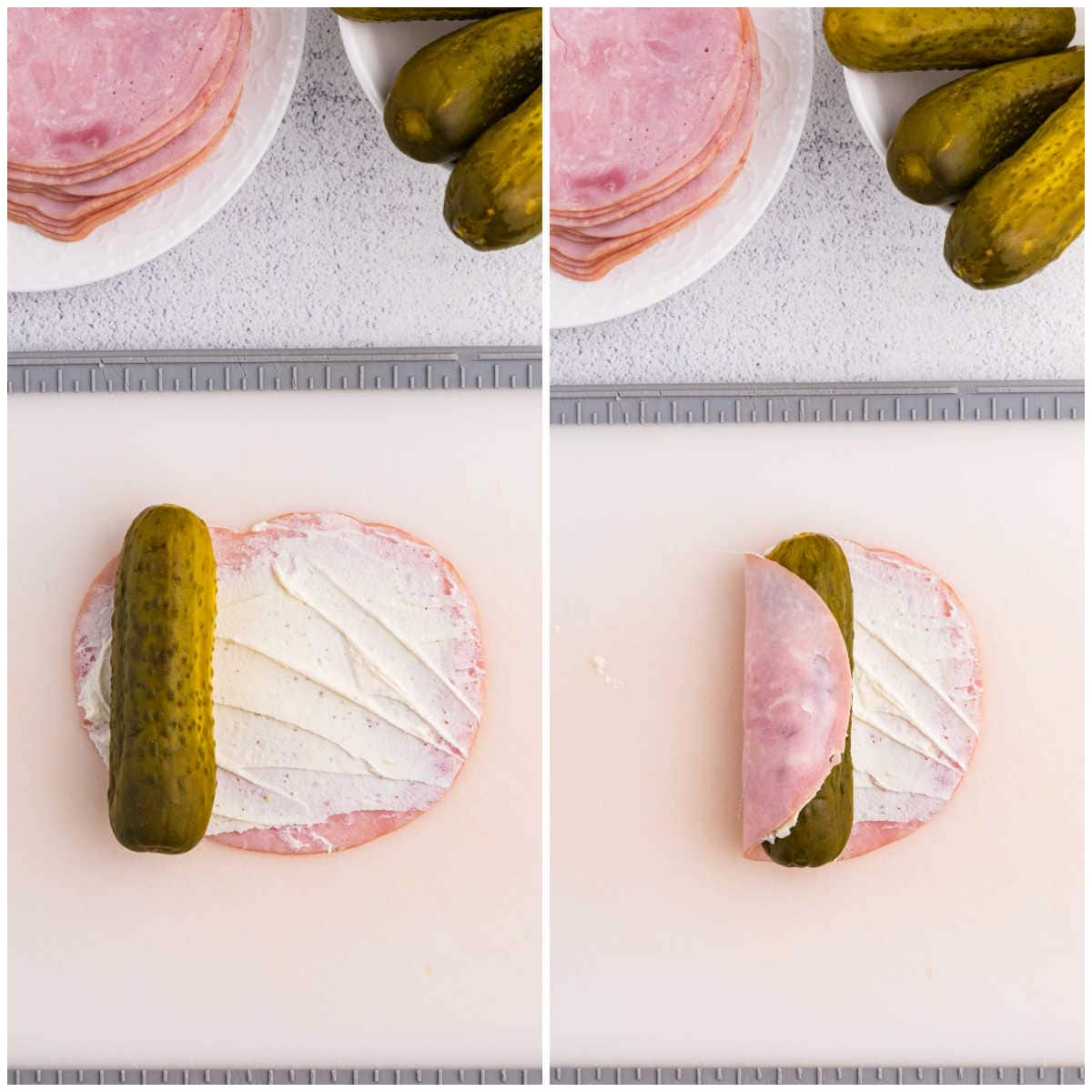 Collage of rolling up a pickle in ham.