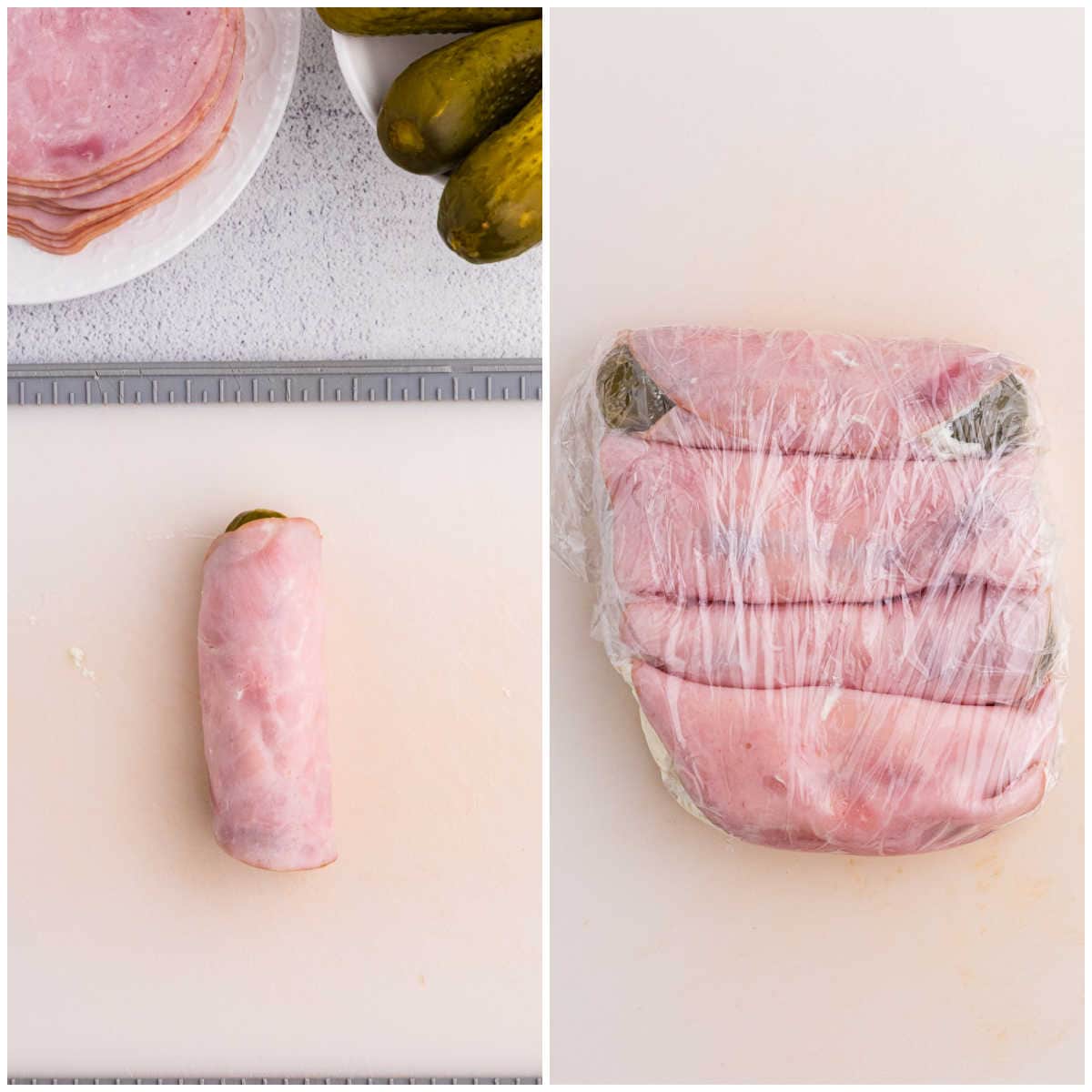 Collage of wrapping the roll ups in plastic wrap.