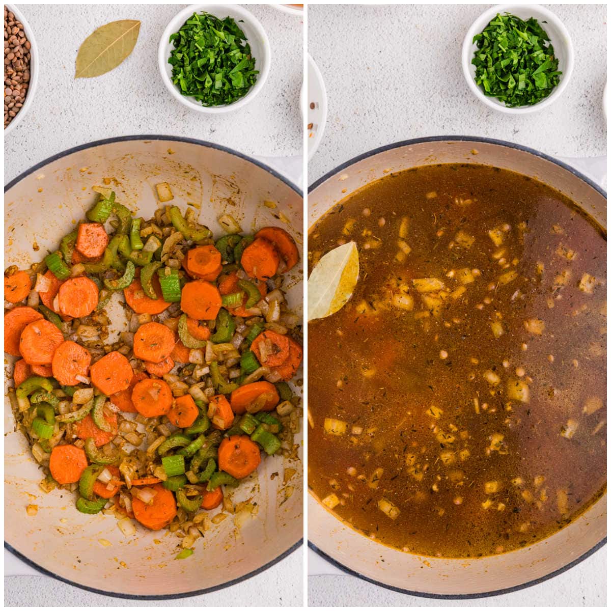 Collage of cooking the soup in a pot.