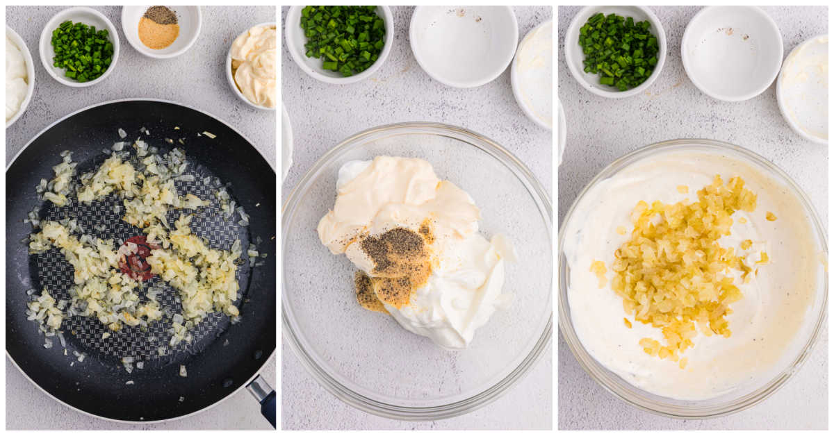 Collage of cooking the onions in a pan and mixing ingredients in a clear bowl.