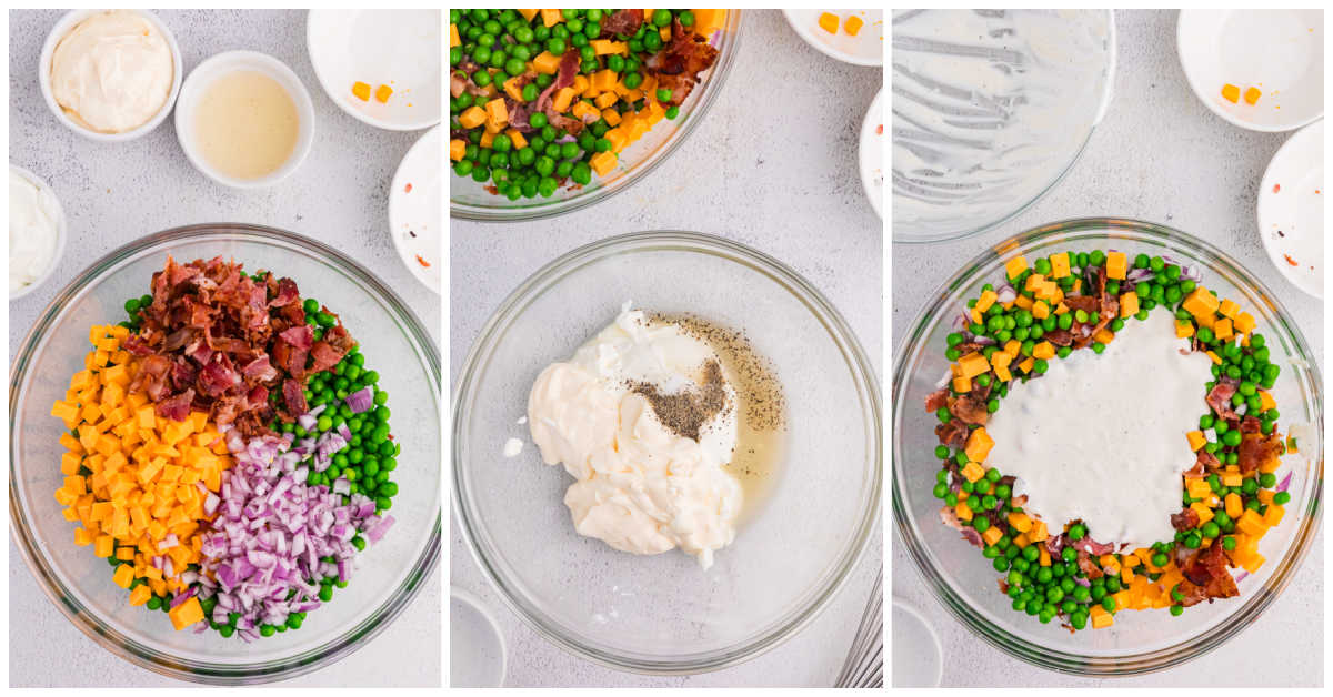 Collage of mixing ingredients in a bowl.