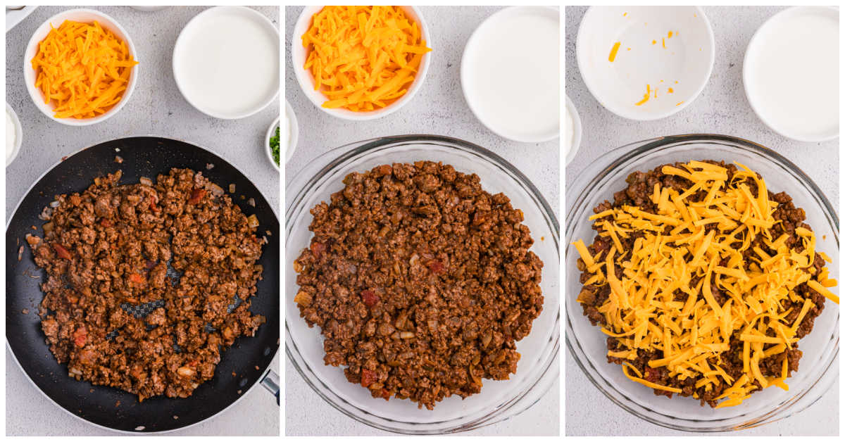 Collage of cooking beef and adding to a pie plate with cheese.