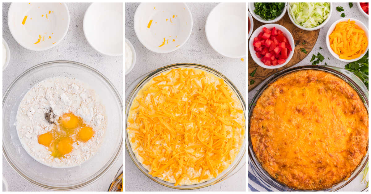 Collage of ingredients in bowl and then in a pie plate, unbaked and baked.