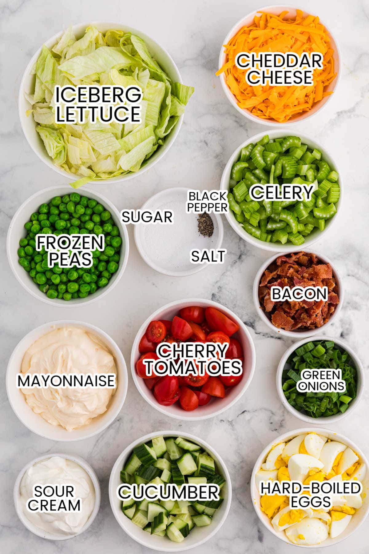 Ingredients on a marble counter.