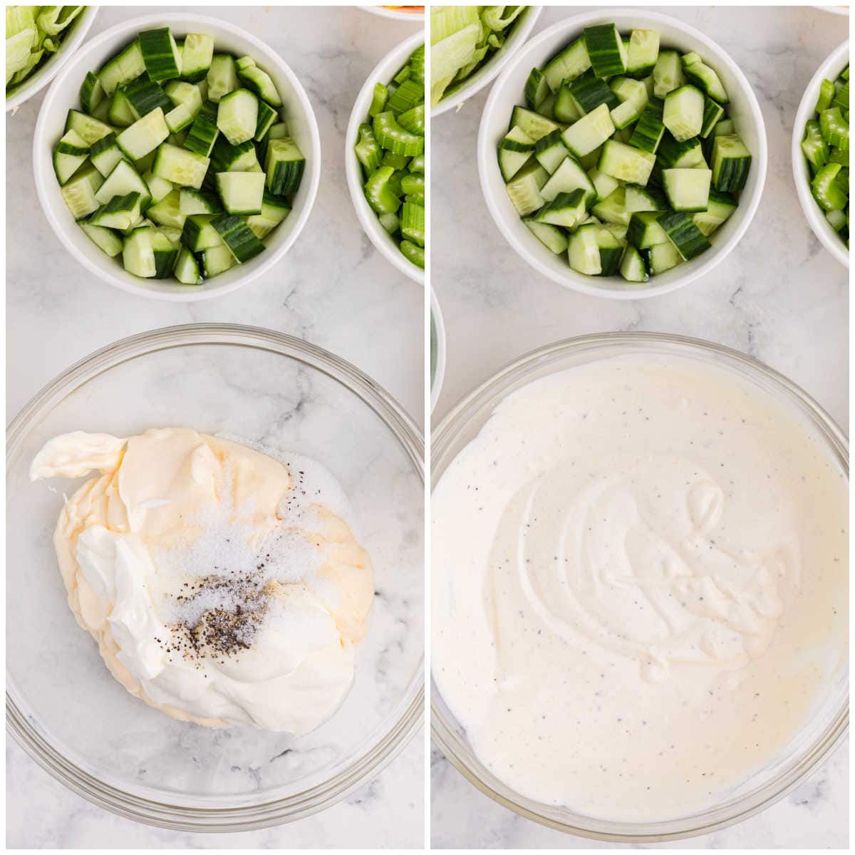 Collage of making the dressing in a clear bowl.