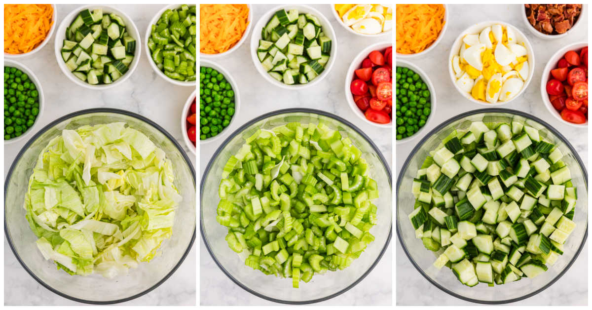 Collage of layering salad ingredients in dish.