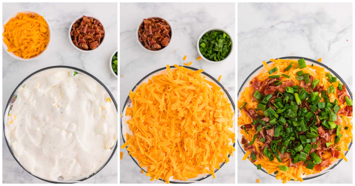 Collage of layering salad ingredients in dish.