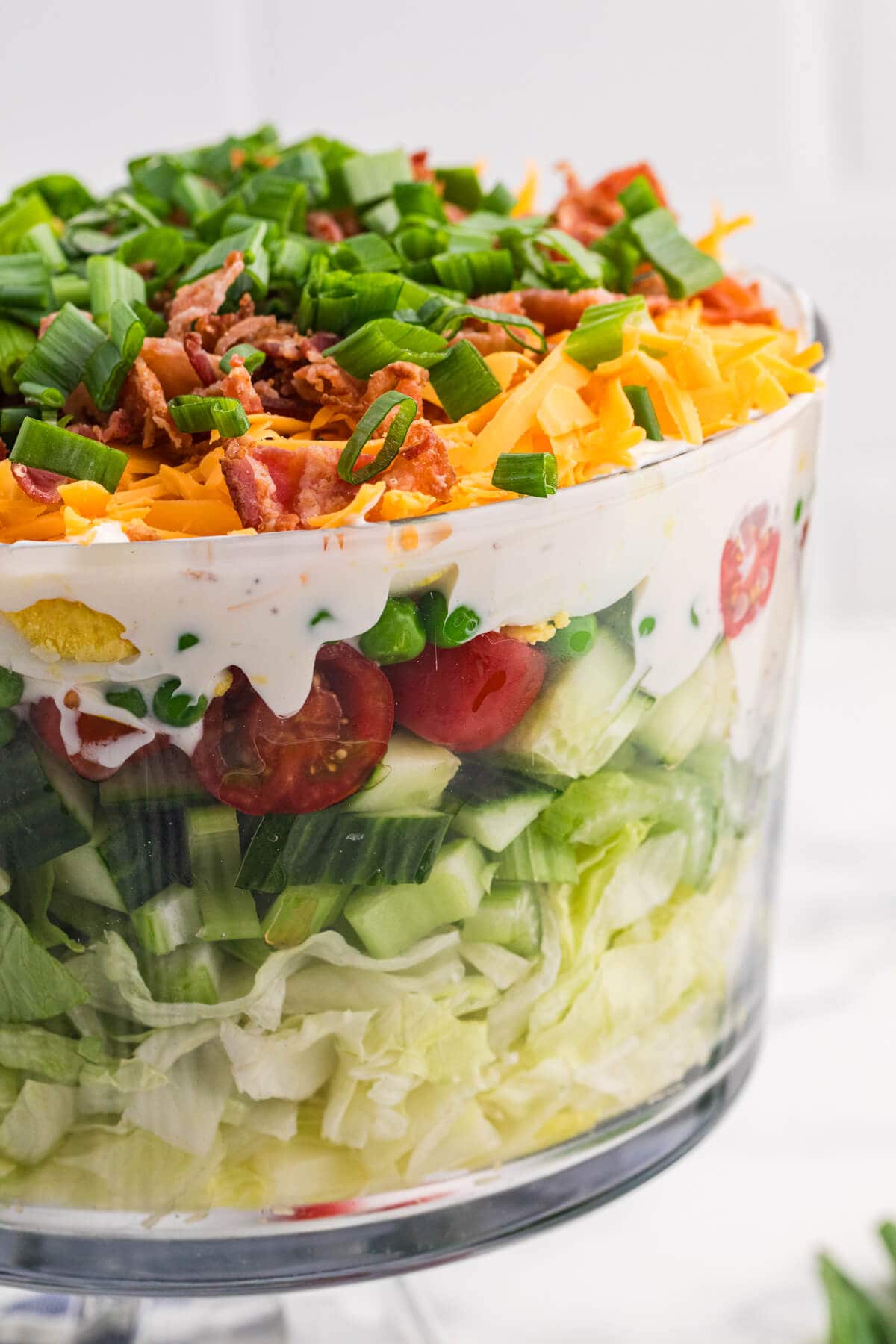 Side view of layered seven layer salad showing lettuce, cucumber, tomatoes, dressing, cheddar cheese, bacon, and scallions in a glass bowl.