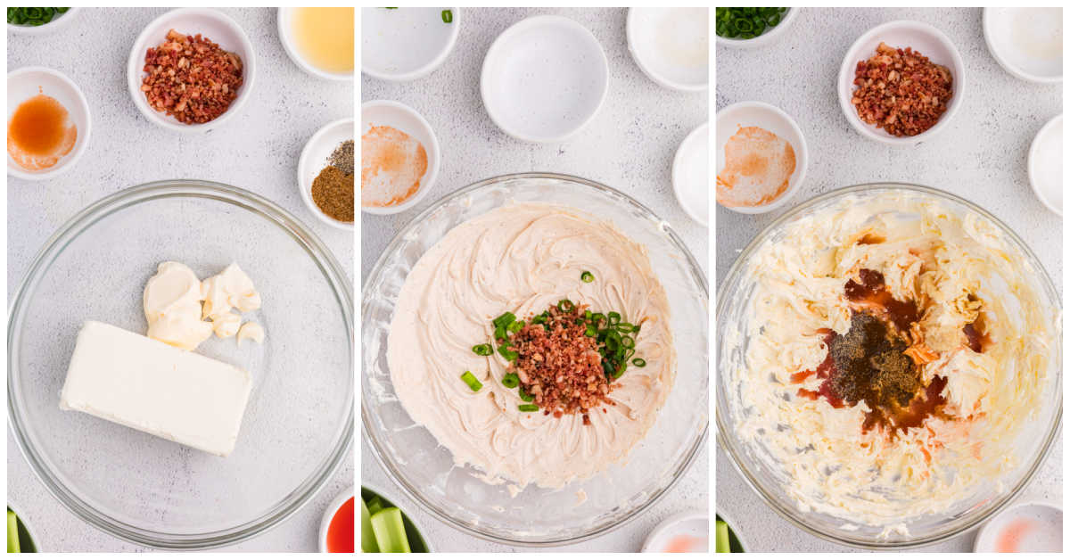 Collage of mixing the cream cheese in a clear bowl.