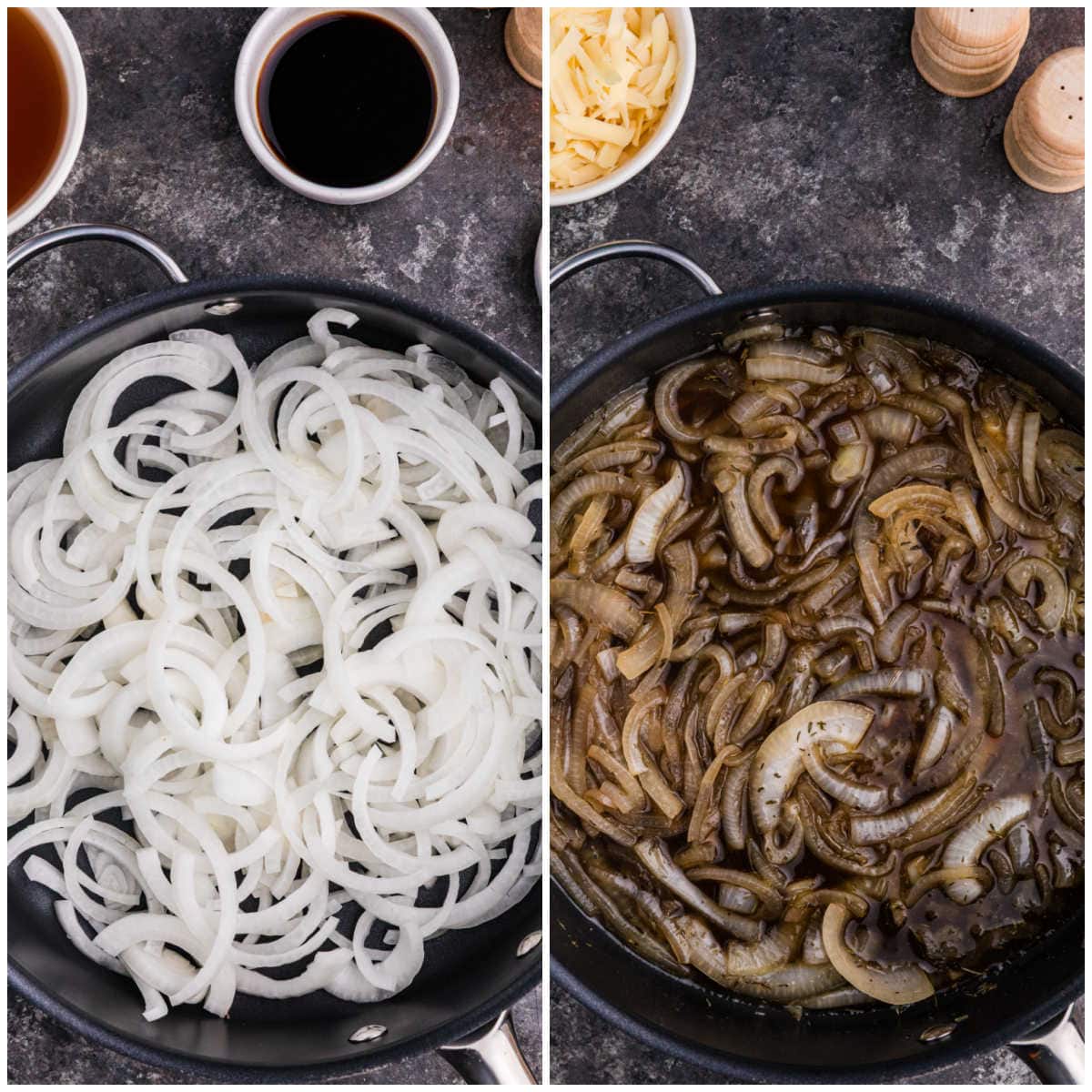Collage of cooking onions in a skillet.