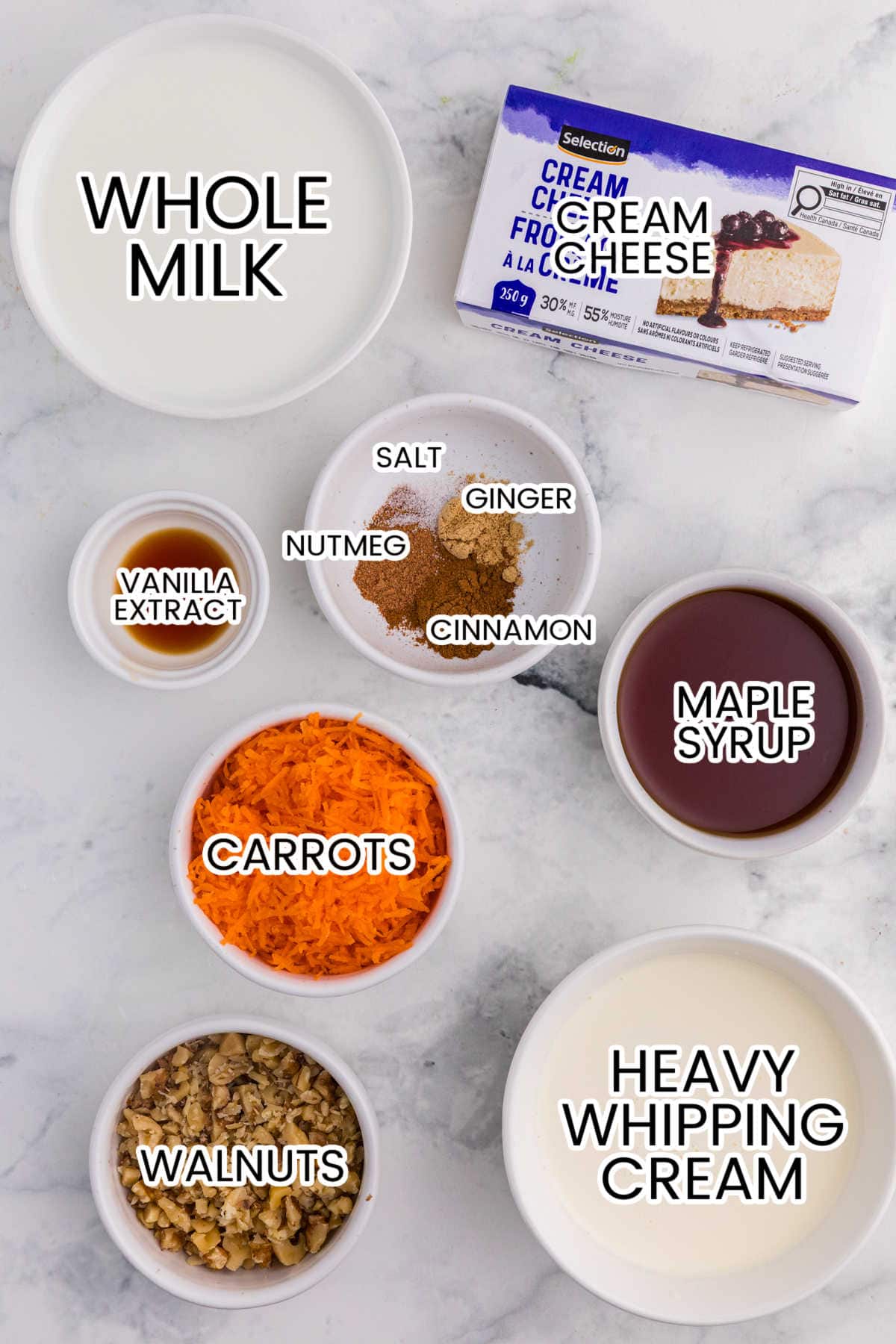 Ingredients on a marble counter.
