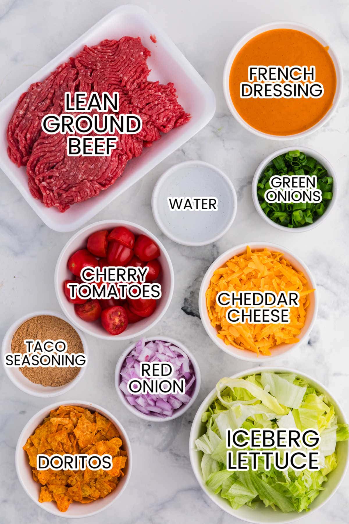 Ingredients on a marble counter.