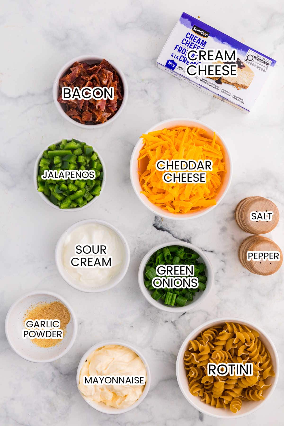 Ingredients on a marble background.