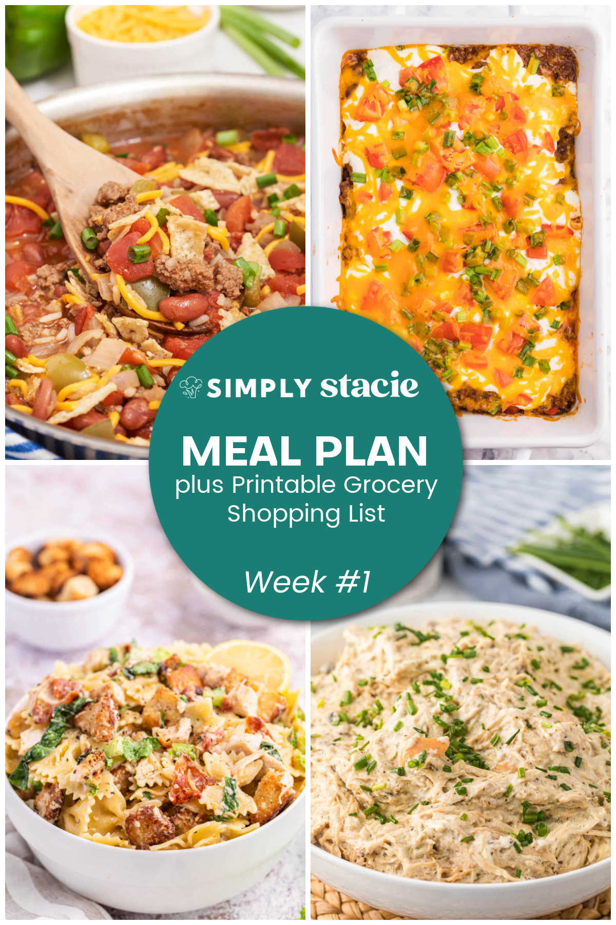 Four photo collage of weeknight dinners for a weekly meal plan.