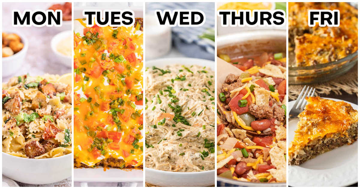 Five vertical panels show comfort food dinners for a weekly meal plan. The top text reads "MON" "TUES" "WED" "THURS" and "FRI".