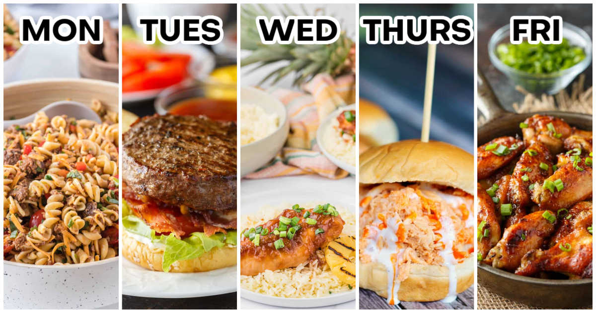 Five panel meal plan collage labeled "MON" "TUES" "WED" "THURS" and "FRI". The weekday meals shown are pasta salad on Monday and a bacon burger on Tuesday and glazed chicken with rice and grilled pineapple on Wednesday and a buffalo chicken sandwich on Thursday and saucy chicken wings topped with green onions on Friday.