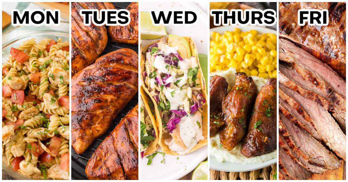 Weekly meal plan graphic showing five dinner ideas labeled Monday through Friday: bruschetta chicken pasta salad, grilled chicken, fish tacos, country style ribs, and grilled flank steak.