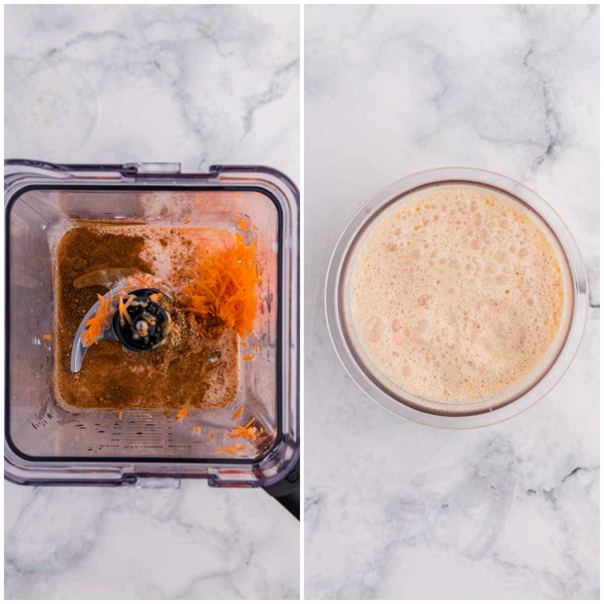 Collage of mixing ingredients in a blender and adding to a pint container.
