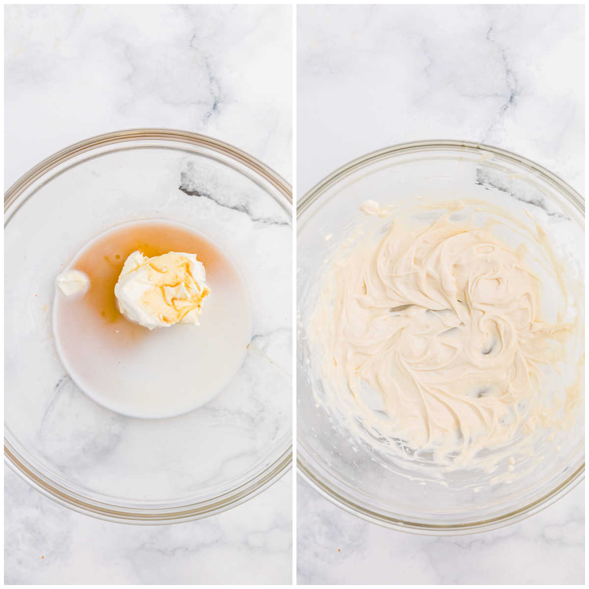 Collage of preparing the cream cheese mixture in a bowl.