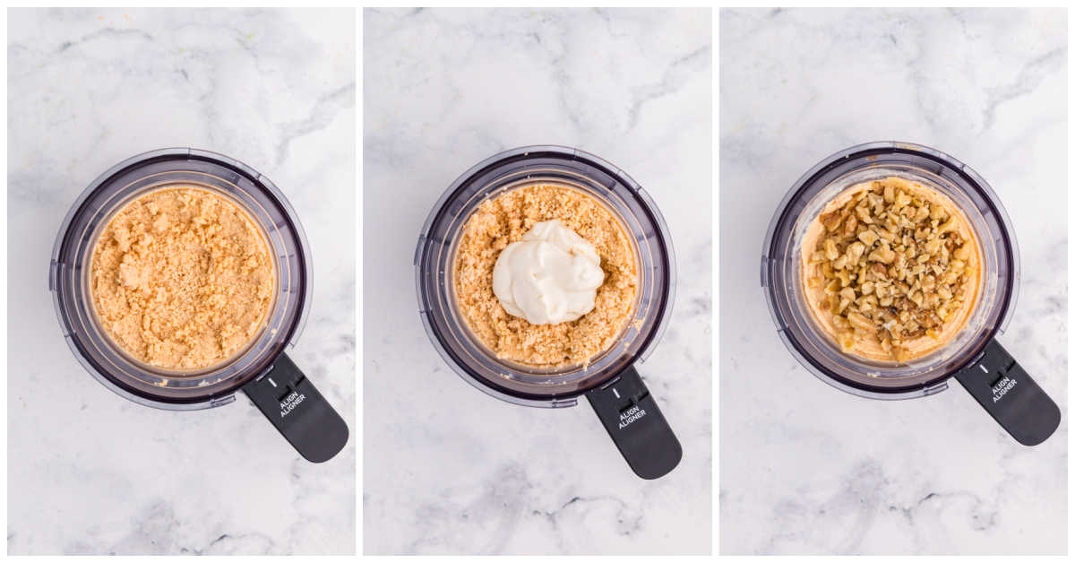 Collage of the ice cream in the pint container with the cream cheese and walnuts being added in.