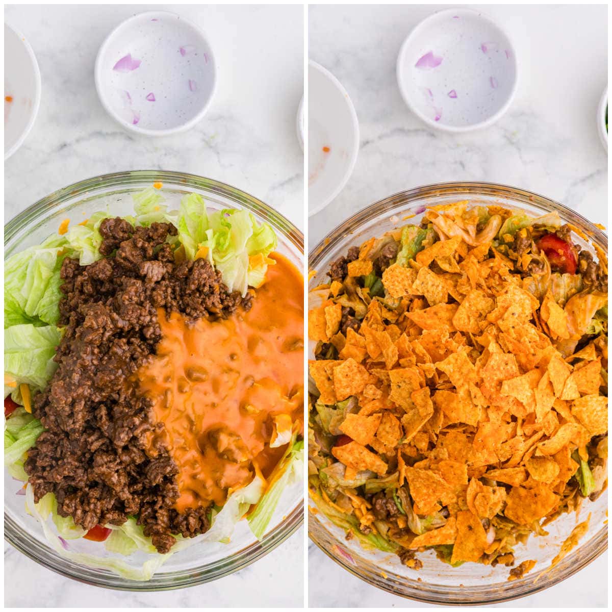 Collage of adding the beef and dressing to the bowl and then the Doritos.