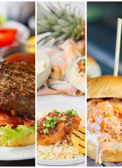 Five narrow vertical panels show a weekly meal plan collage with pasta salad and a bacon burger and glazed chicken with rice and grilled pineapple. The final panels show a buffalo chicken sandwich and saucy chicken wings topped with green onions.