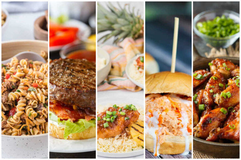 Five narrow vertical panels show a weekly meal plan collage with pasta salad and a bacon burger and glazed chicken with rice and grilled pineapple. The final panels show a buffalo chicken sandwich and saucy chicken wings topped with green onions.