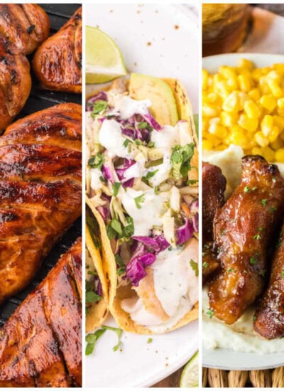 Weekly meal plan image with bruschetta chicken pasta salad, grilled chicken, fish tacos, country style ribs with corn, and sliced grilled flank steak.